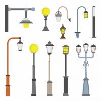 2119778 street light object cartoon icons set of lamposts and outdoor lighting vintage electric urban lantern light outdoor old lamp design elements in modern flat style illustrati